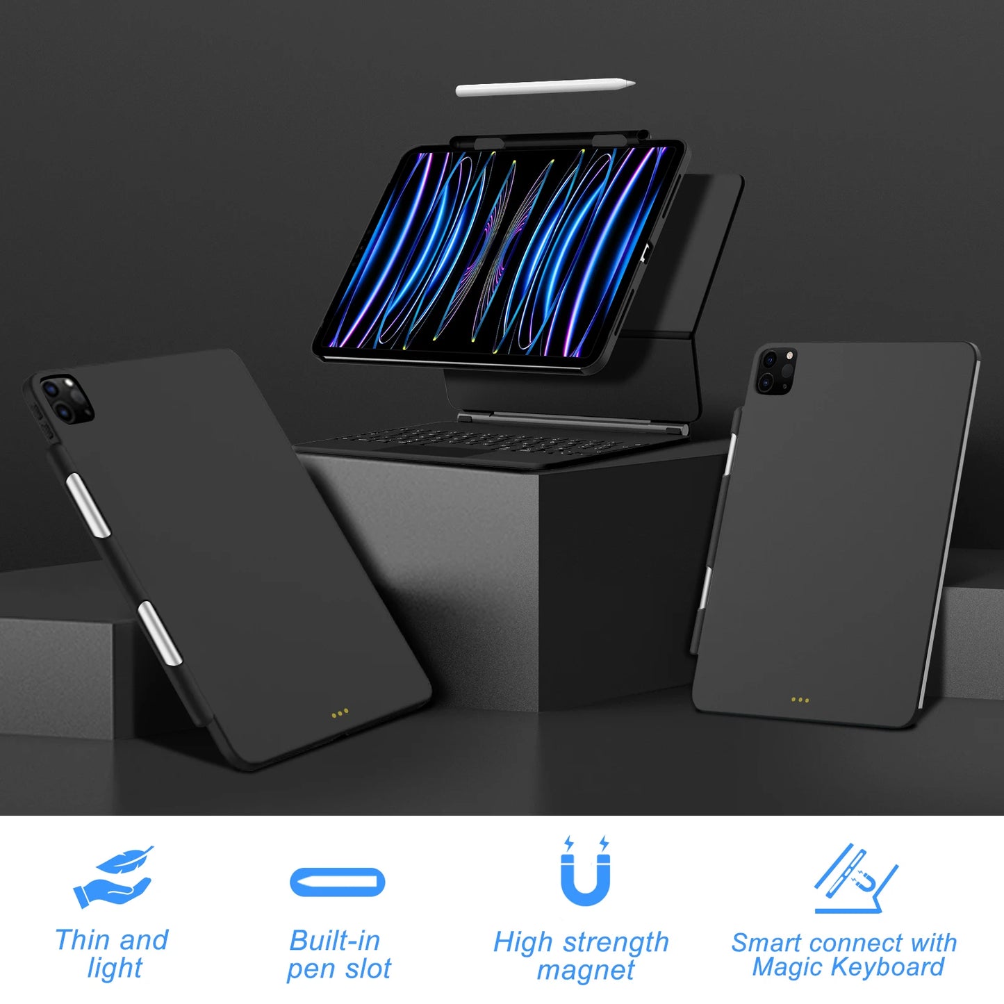 Magnetic Case for iPad Pro 11/13 (2024) & Air 4/5/6 – Magic Keyboard Compatible, Pencil Holder